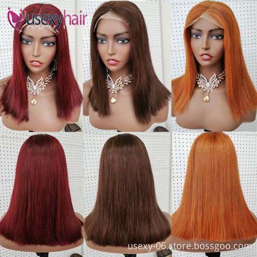 Wholesale prices custom logo 100 virgin human hair frontal wig ginger orange color bone straight super double drawn hair bob wig